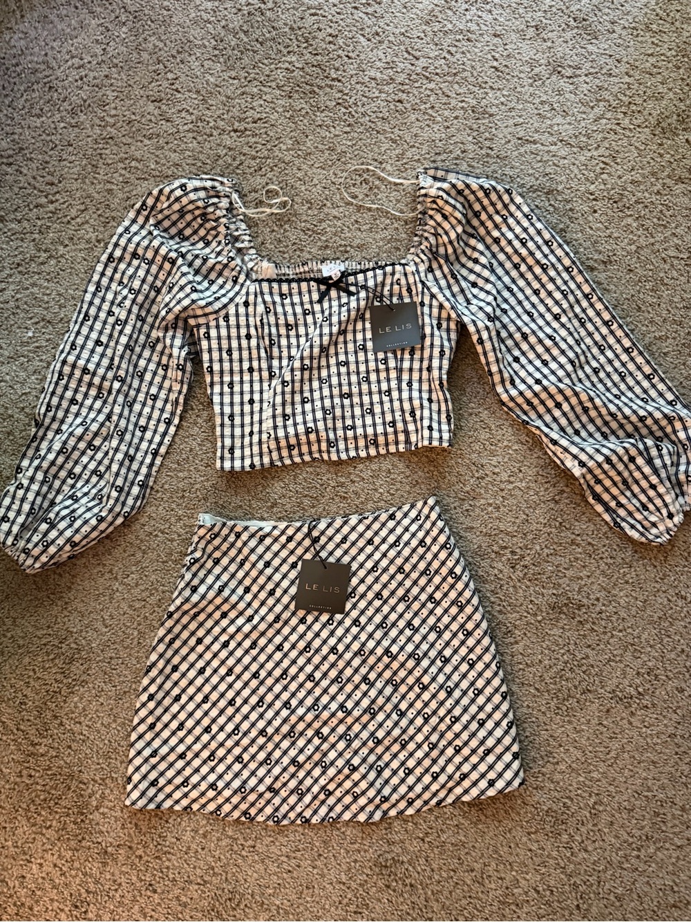 LE LIS Two-Piece Cropped Top & Mini Skirt Set - Black & White